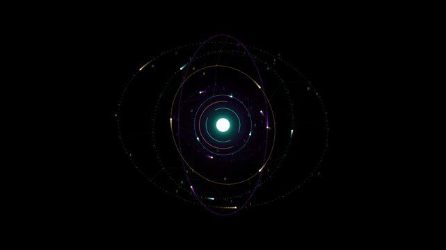 Futuristic atom model with glowing nucleus, scientific quantum physics animation, rotating subatomic particles on black background