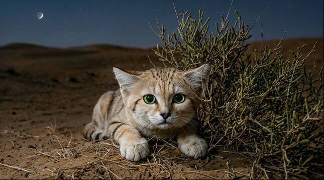 Sand cat lying beside desert shrub under crescent moon