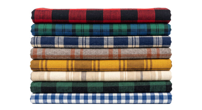 Stack of folded plaid blankets in various colors and patterns