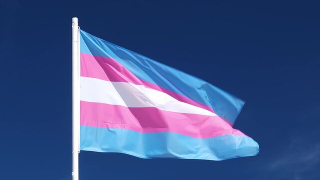 Transgender pride flag and trans flag colors fly in the Lisbon, Portugal sky during an LGBT equality celebration, with windblown fabric against open sky