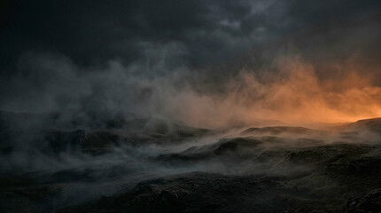 Fototapeta premium Dark, moody landscape with rolling fog over rocky terrain, illuminated by a warm, golden sunset glow on the horizon under a heavy, overcast storm sky