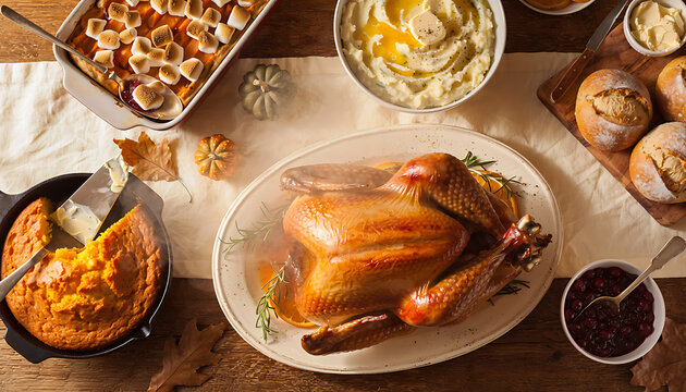 Overhead View of Classic Thanksgiving Feast Spread on Rustic Oak Table