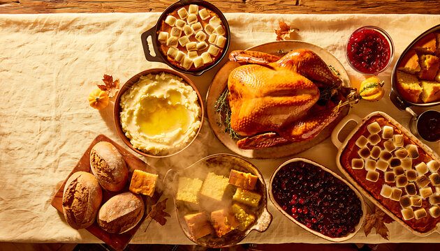 Overhead View of Classic Thanksgiving Feast Spread on Rustic Oak Table