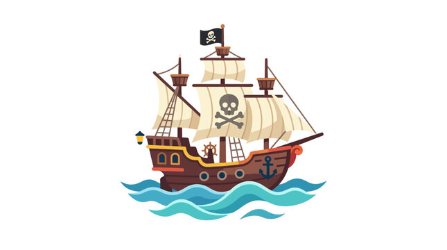 Classic wooden pirate ship sailing on blue ocean waves.