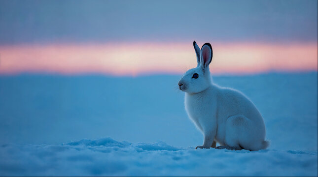 Mountain hare in white winter coat on snow at dusk