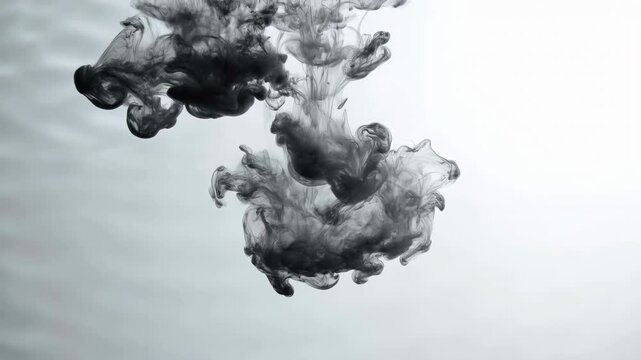 Black ink clouds descend and billow through clear liquid, forming layered smoky curls and branching wisps against a bright pale background with generous open copy space