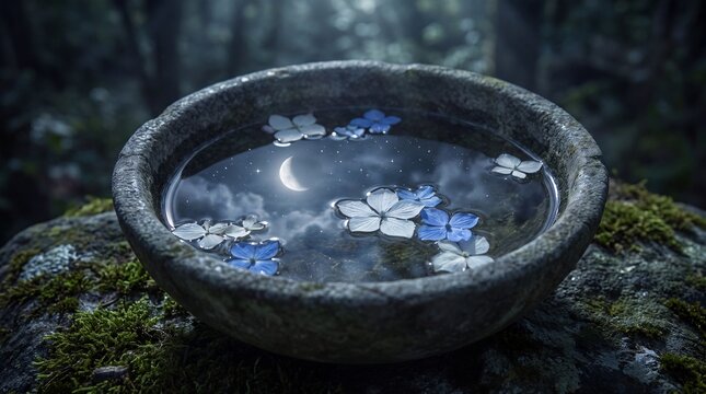 Stone bowl filled with moonlit water and floating flowers creating a serene scene, embodying concepts of spiritual wellness, natural beauty, and peaceful reflection under a mystical night sky