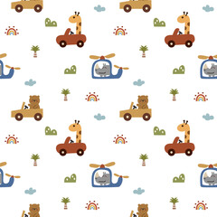 Obraz premium Wildlife in car hand drawn cartoon so cute. On bear giraffe rhinoceros helicopter mountain tree rainbow cloud background. Pattern seamless vector illustration. 