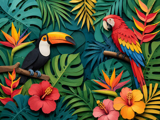 Fototapeta premium Colorful toucan and parrot perched together among lush tropical leaves and flowers.