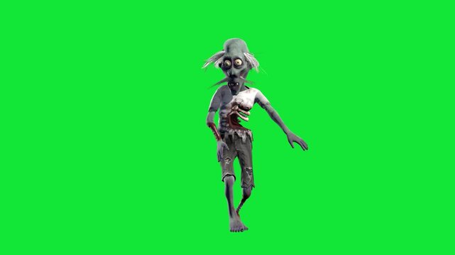 Funny and creepy zombie dancing isolated on a green screen. Halloween 3D animation for greeting cards, invitations, posters, holiday events, parties