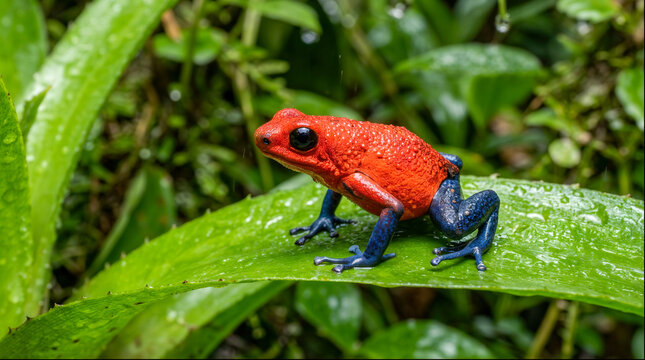 Strawberry poison dart frog sitting on wet leaf in jungle