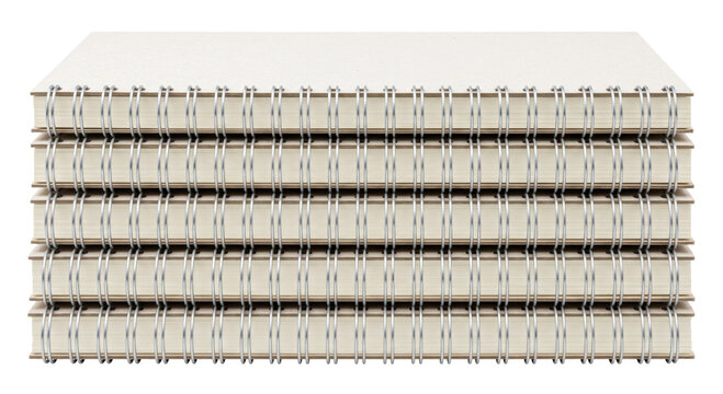 Stack of five spiral bound notebooks with beige covers and silver wire binding