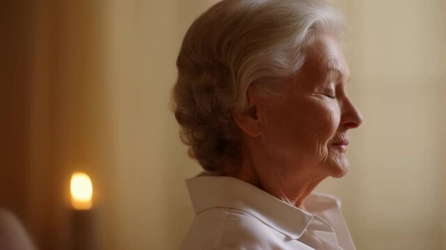 Senior woman sits in side profile with eyes closed and a calm expression, wearing a white collared shirt in a softly lit interior with warm lamp glow and neutral background