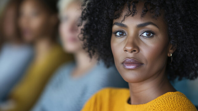 Focused woman in bright sweater seated among peers in a casual setting