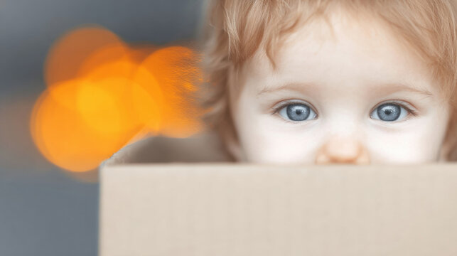 Child peeking from behind a cardboard box with playful curiosity