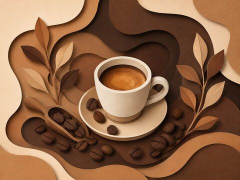 Warm cup of coffee surrounded by roasted beans and layered brown flowing shapes.