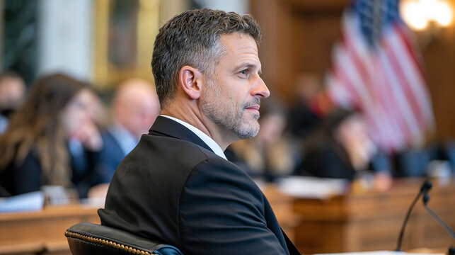 Back of a distinguished man in a black suit seated before a congressional hearing panel, American flag softly waving in the background, judge listening while attorneys discuss legal arguments on opp