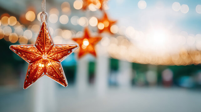 Colorful star ornaments illuminate a festive outdoor setting during the evening