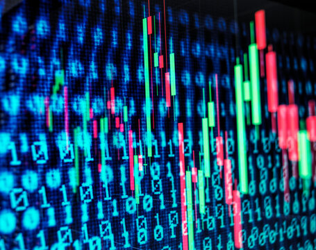Financial stock market data graph on digital screen with binary code