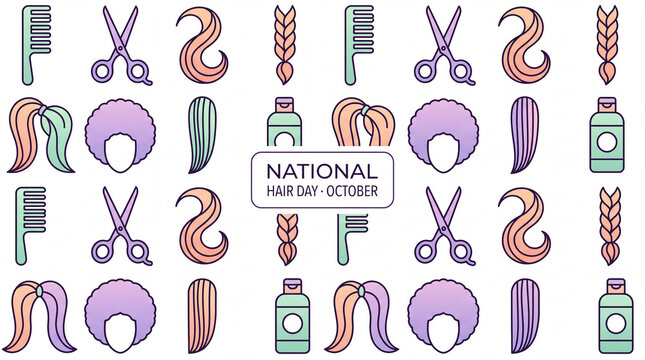 National Hair Day October seamless vector pattern with hair care icons and label