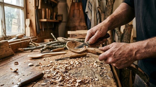Artisan carves a wooden spoon with a hand knife in a rustic workshop