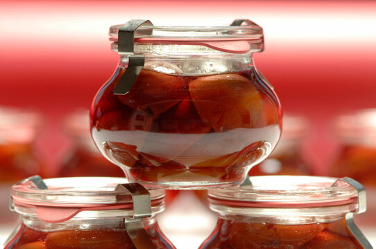 Stewed fruit in glass, close-up