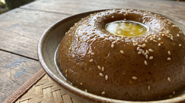 Hyper Realistic 9K Close Up Ternate Kue Asida Spiced Wheat Cake with Liquid Ghee Center Food Photography