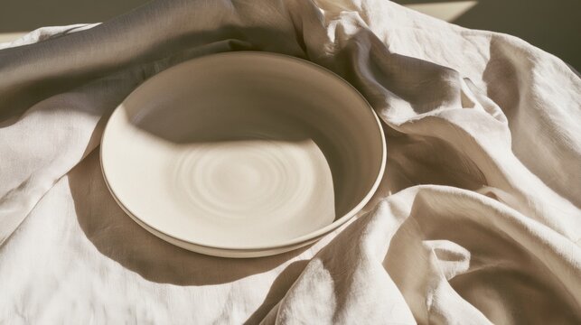 White plate resting on a light cloth, showing shadows and texture in soft natural light