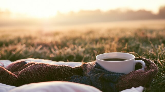 Cup of coffee sits on blanket in morning light on grassy field