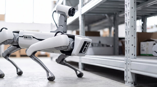 Quadruped inspection robot walking through warehouse