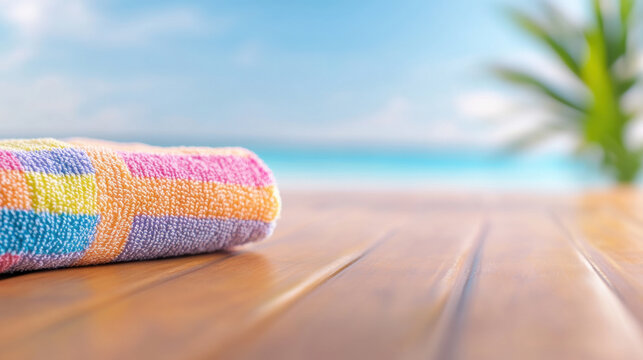 Colorful beach towel on wooden deck near the ocean at sunset