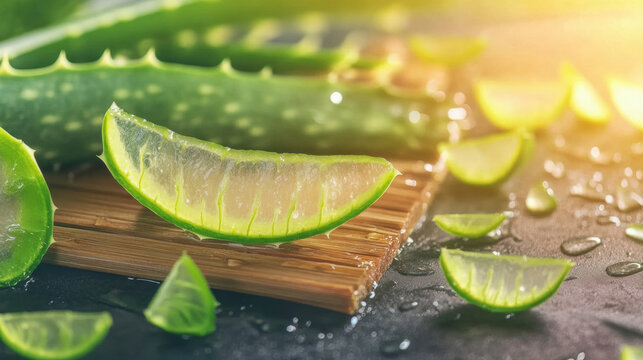 Freshly sliced aloe vera on a wooden board with droplets of water