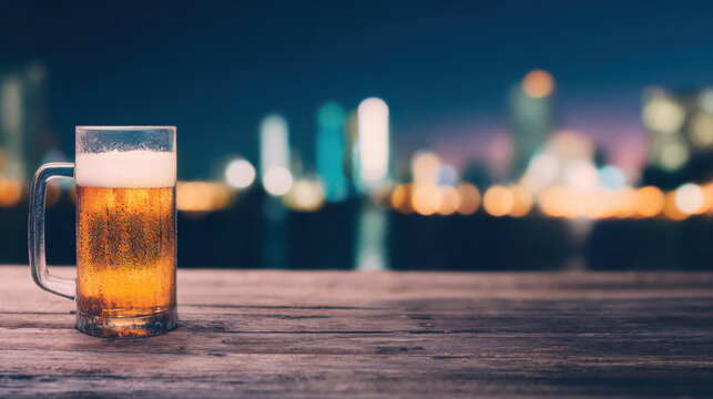 Beer mug placed on wooden table with city lights in the background at night