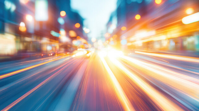 Bright circular lights and colorful streaks illuminate a bustling urban street at dusk, showcasing fast-moving vehicles during evening traffic