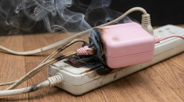 Dangerous Electrical Fire Hazard with Smoking Melted Power Adapter Plugged into a Power Strip Outlet