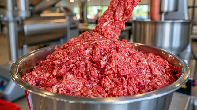 Freshly minced meat being transferred from a powerful stainless steel bowl cutter into an industrial sausage stuffer, continuous smooth movement between machines, mirror polished metal surfaces, bri