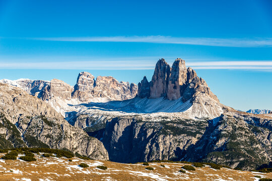 Snow covers the Tre Cime di Lavaredo mountain in South Tyrol