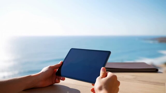 Hands hold a dark-screen tablet in landscape orientation above a sunlit wooden table by blue water, while a second slim device rests nearby against a bright coastal background