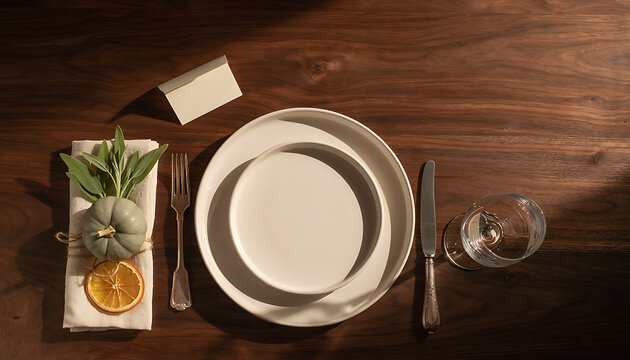 Overhead View of Elegant Thanksgiving Place Setting with Sage and Orange on Walnut Table