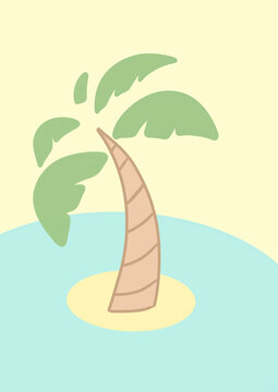 Cartoon drawing of a palm tree on a tiny island in blue water