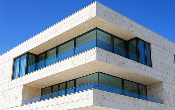 Modern building with balconies, stone facade, clear blue sky.