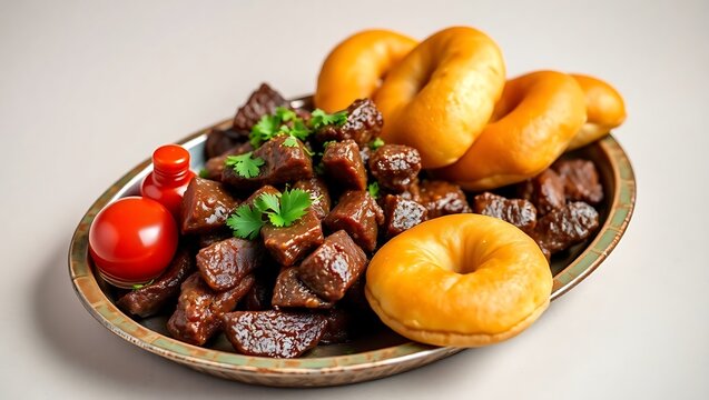 Namibian kapana beef strips with hot sauce and vetkoek rolls, arranged on a street vendor-style metal tray