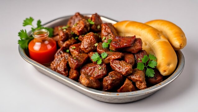 Namibian kapana beef strips with hot sauce and vetkoek rolls, arranged on a street vendor-style metal tray