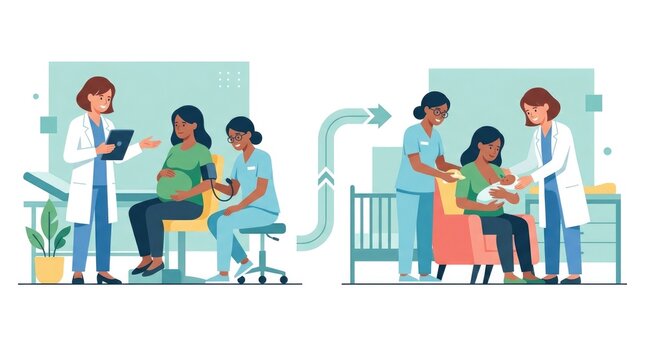 Maternal healthcare illustrating collaboration between obstetricians, nurses, and expectant mother throughout pregnancy and postpartum care. Flat vect