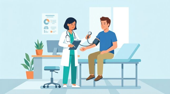 Routine physical exam with doctor evaluating patient health, measuring vital signs, and reviewing medical history. Flat vector illustration, modern ed