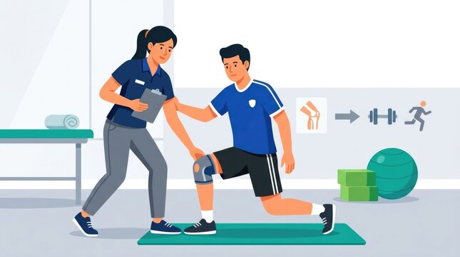 Sports rehabilitation helping an athlete recover from injury through guided exercises, strength training, and safe return-to-sport planning. Flat vect