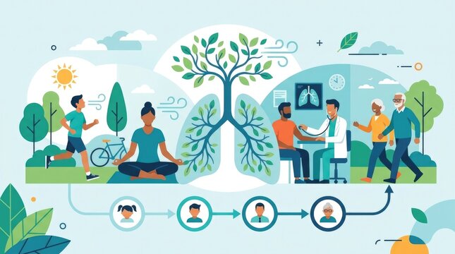 Pulmonary wellness illustrating preventive care, regular checkups, healthy breathing habits, and strong respiratory function throughout life. Flat vec