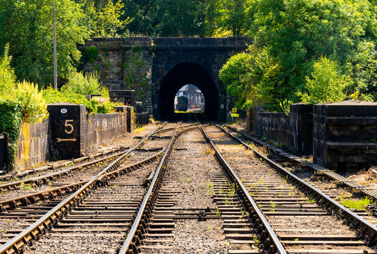 Multiple railway tracks and points converge towards a stone tunnel surrounded by lush vegetation at Grosmont, North Yorkshire, England.