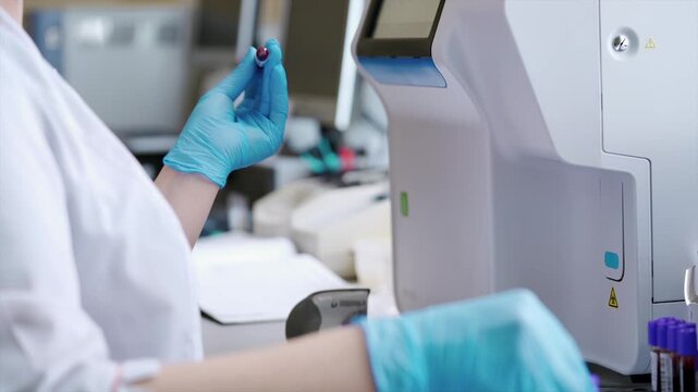 Healthcare laboratory professional handling a blood sample for diagnostic testing using automated laboratory equipment in a modern medical laboratory.