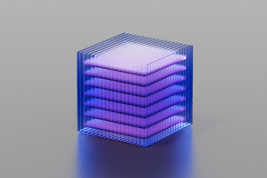 A glowing purple 3d quantum data cube sits on a reflective surface